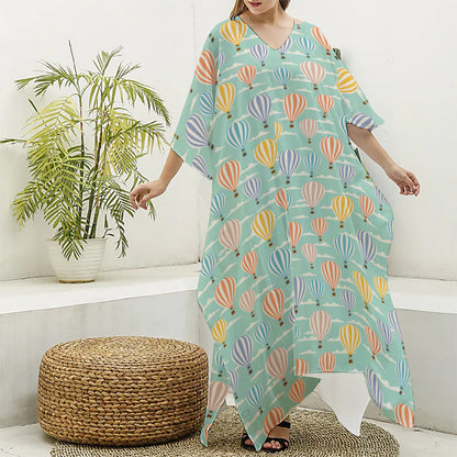 Retro Air Balloon Pattern Print Silk V-Neck Kaftan Dress