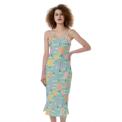 Retro Air Balloon Pattern Print Slim Fit Midi Cami Dress
