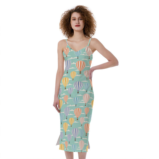 Retro Air Balloon Pattern Print Slim Fit Midi Cami Dress