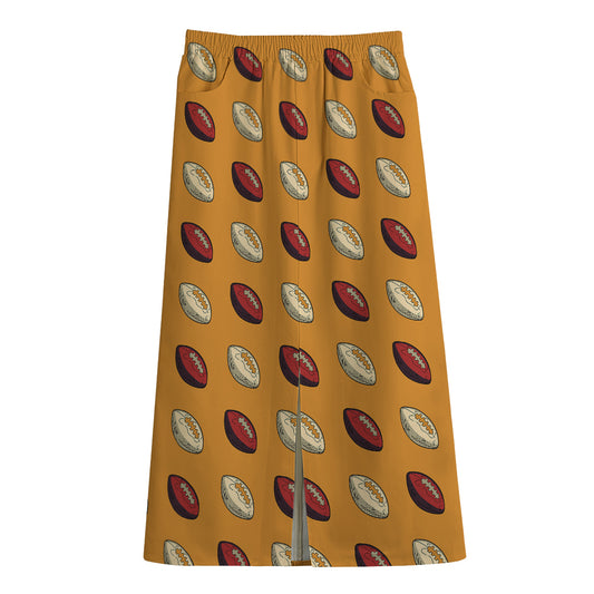 Retro American Football Ball Print Cotton Front Slit Maxi Skirt