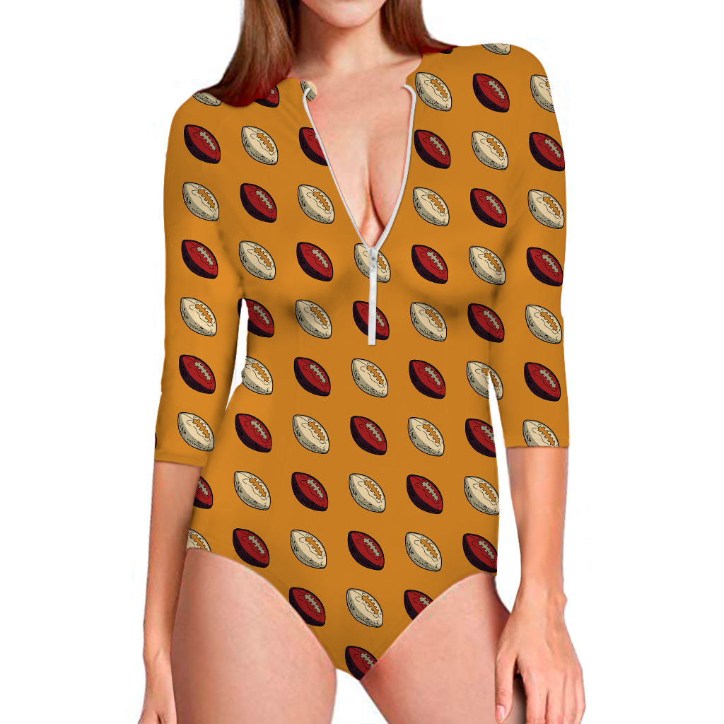Retro American Football Ball Print Long Sleeve Swimsuit