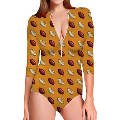 Retro American Football Ball Print Long Sleeve Swimsuit