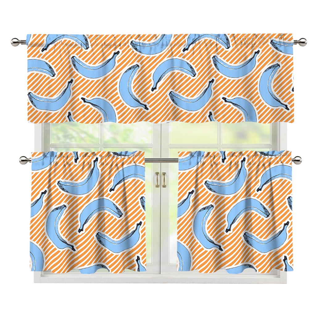 Retro Blue Banana Pattern Print 3 Piece Kitchen Curtains