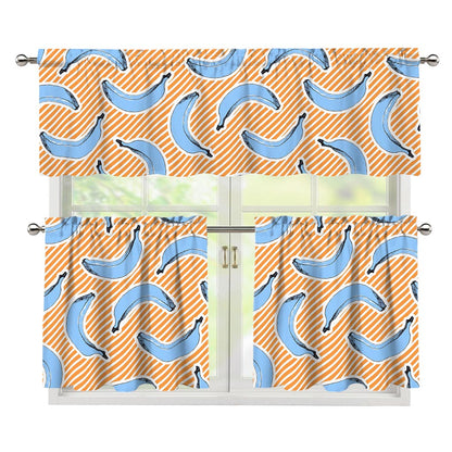 Retro Blue Banana Pattern Print 3 Piece Kitchen Curtains