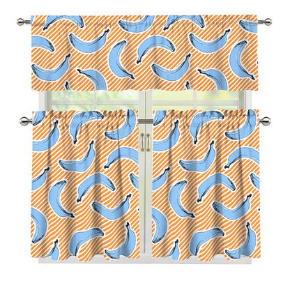Retro Blue Banana Pattern Print 3 Piece Kitchen Curtains