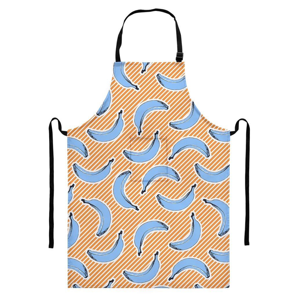 Retro Blue Banana Pattern Print Bib Apron With Pocket