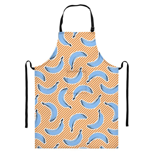 Retro Blue Banana Pattern Print Bib Apron With Pocket