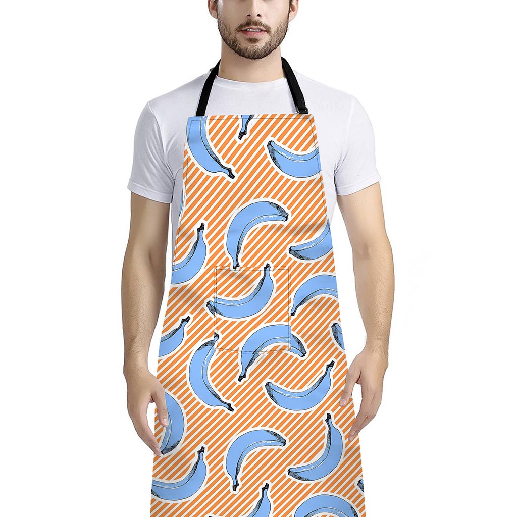 Retro Blue Banana Pattern Print Bib Apron With Pocket