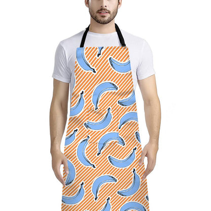 Retro Blue Banana Pattern Print Bib Apron With Pocket