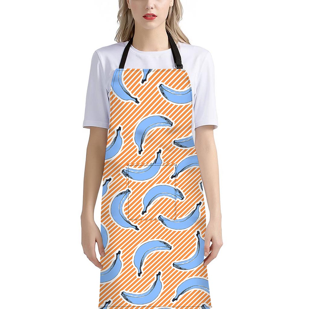 Retro Blue Banana Pattern Print Bib Apron With Pocket