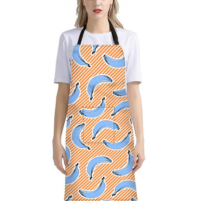 Retro Blue Banana Pattern Print Bib Apron With Pocket