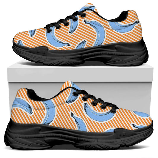 Retro Blue Banana Pattern Print Black Chunky Shoes