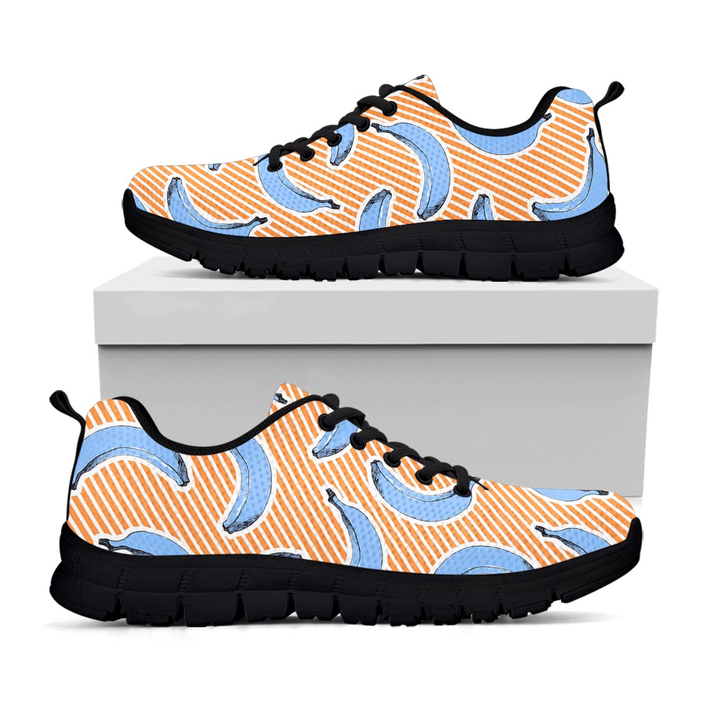 Retro Blue Banana Pattern Print Black Running Shoes