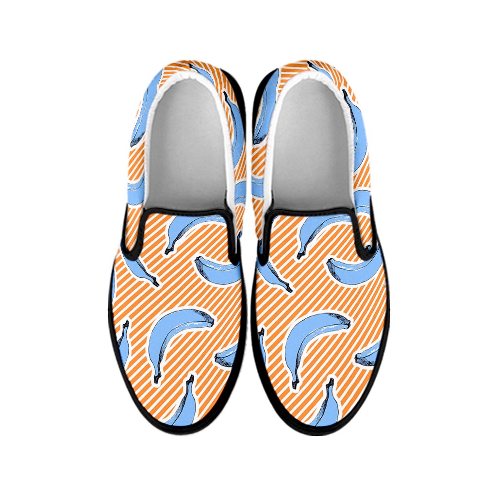 Retro Blue Banana Pattern Print Black Slip On Sneakers