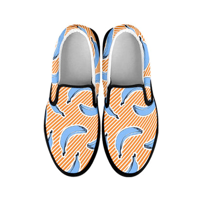 Retro Blue Banana Pattern Print Black Slip On Sneakers