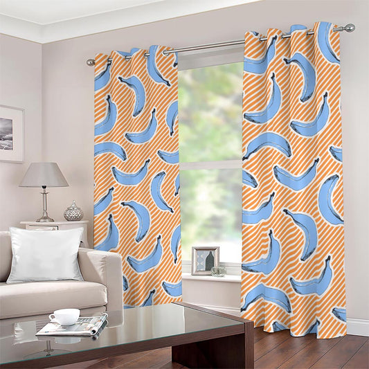 Retro Blue Banana Pattern Print Blackout Grommet Curtains