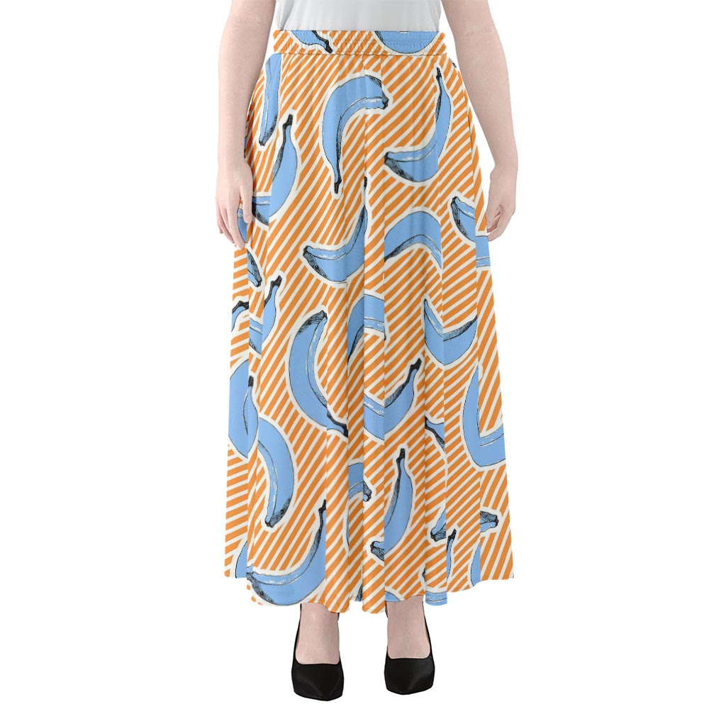 Retro Blue Banana Pattern Print Chiffon Maxi Skirt