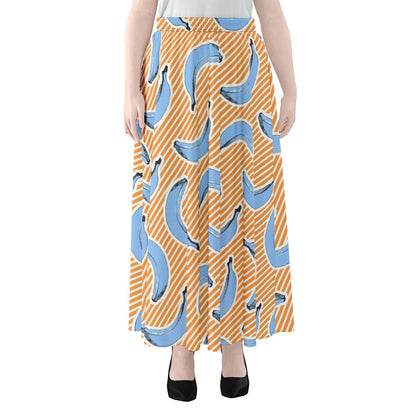 Retro Blue Banana Pattern Print Chiffon Maxi Skirt