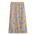 Retro Blue Banana Pattern Print Cotton Front Slit Maxi Skirt