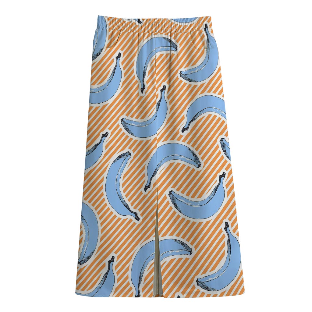 Retro Blue Banana Pattern Print Cotton Front Slit Maxi Skirt