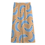 Retro Blue Banana Pattern Print Cotton Front Slit Maxi Skirt