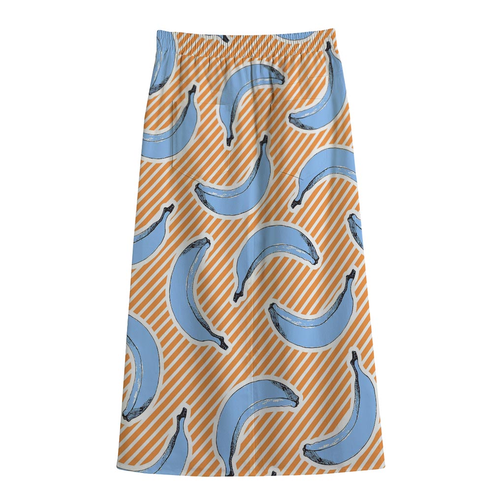 Retro Blue Banana Pattern Print Cotton Front Slit Maxi Skirt