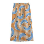 Retro Blue Banana Pattern Print Cotton Front Slit Maxi Skirt
