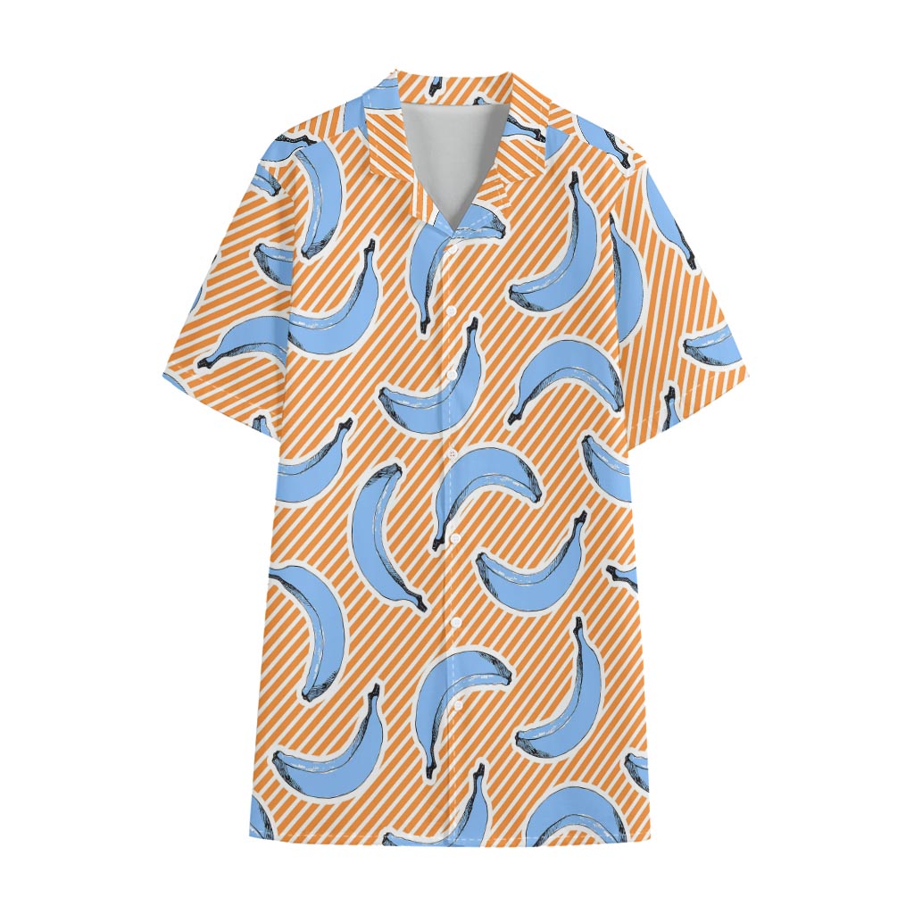 Retro Blue Banana Pattern Print Cotton Hawaiian Shirt