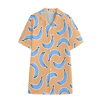 Retro Blue Banana Pattern Print Cotton Hawaiian Shirt