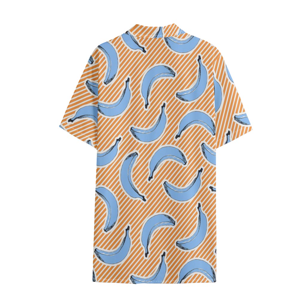 Retro Blue Banana Pattern Print Cotton Hawaiian Shirt