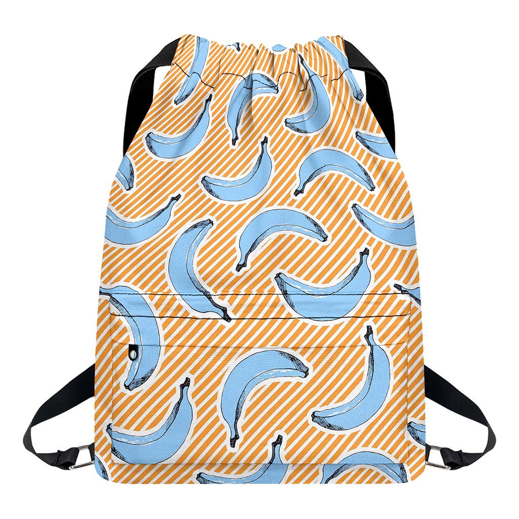 Retro Blue Banana Pattern Print Drawstring Backpack