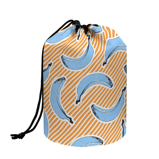 Retro Blue Banana Pattern Print Drawstring Makeup Bag