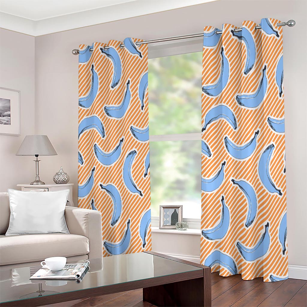 Retro Blue Banana Pattern Print Extra Wide Grommet Curtains