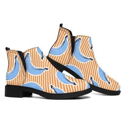 Retro Blue Banana Pattern Print Flat Ankle Boots