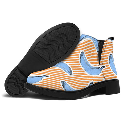 Retro Blue Banana Pattern Print Flat Ankle Boots