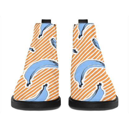 Retro Blue Banana Pattern Print Flat Ankle Boots
