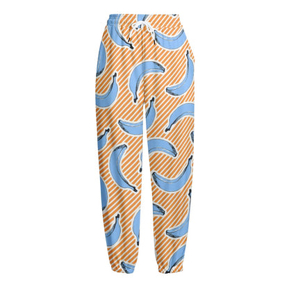 Retro Blue Banana Pattern Print Fleece Lined Knit Pants
