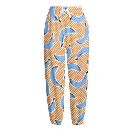 Retro Blue Banana Pattern Print Fleece Lined Knit Pants