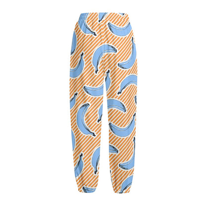 Retro Blue Banana Pattern Print Fleece Lined Knit Pants