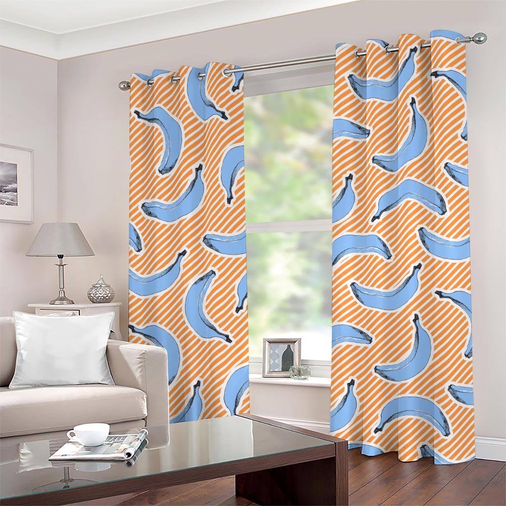 Retro Blue Banana Pattern Print Grommet Curtains