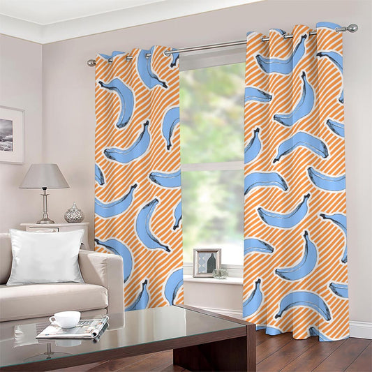 Retro Blue Banana Pattern Print Grommet Curtains