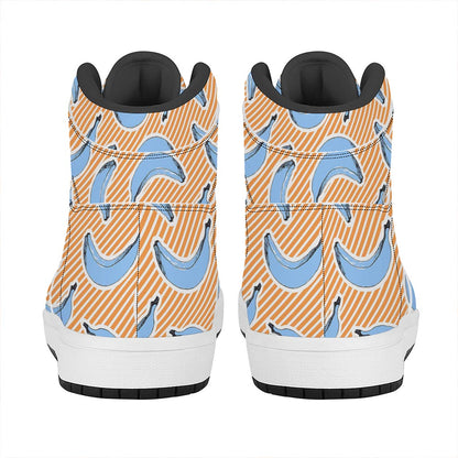Retro Blue Banana Pattern Print High Top Leather Sneakers