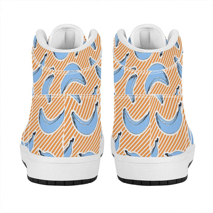 Retro Blue Banana Pattern Print High Top Leather Sneakers