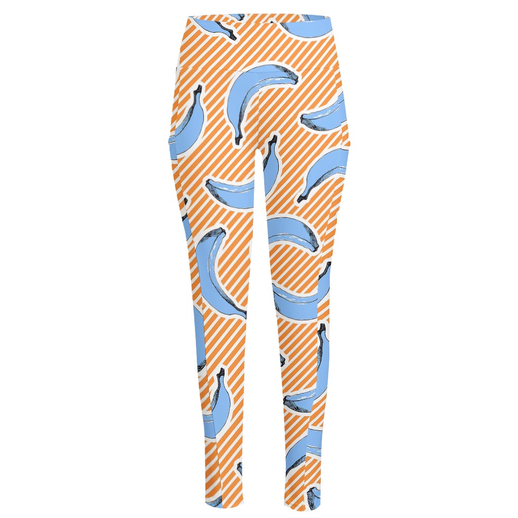 Retro Blue Banana Pattern Print High-Waisted Pocket Leggings