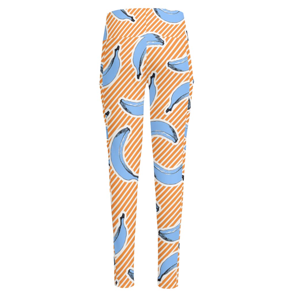 Retro Blue Banana Pattern Print High-Waisted Pocket Leggings