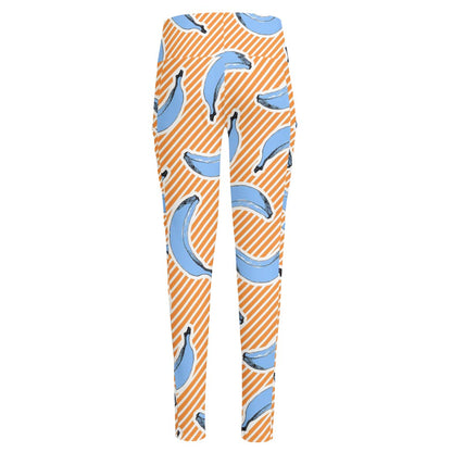 Retro Blue Banana Pattern Print High-Waisted Pocket Leggings