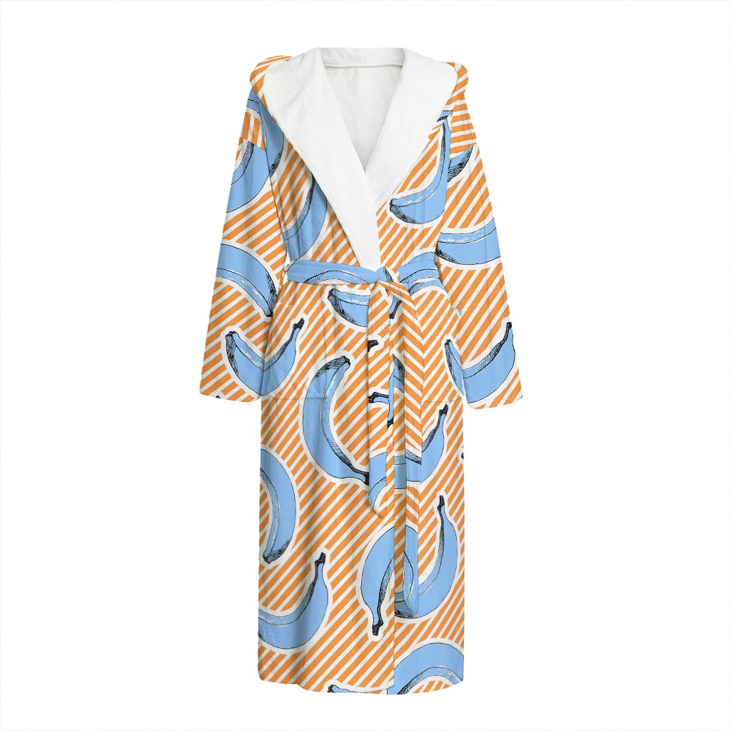 Retro Blue Banana Pattern Print Hooded Bathrobe