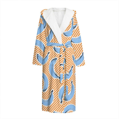 Retro Blue Banana Pattern Print Hooded Bathrobe