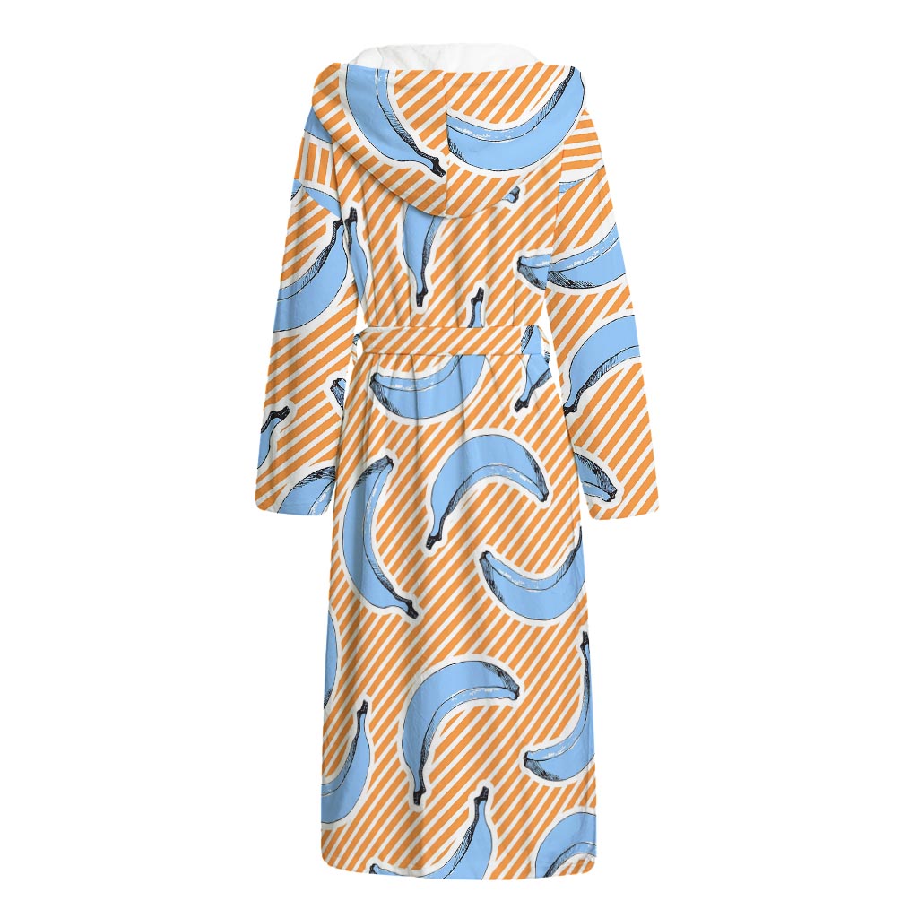 Retro Blue Banana Pattern Print Hooded Bathrobe