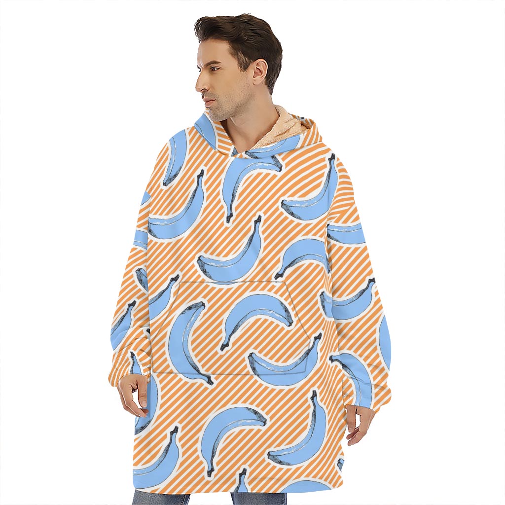 Retro Blue Banana Pattern Print Hoodie Blanket